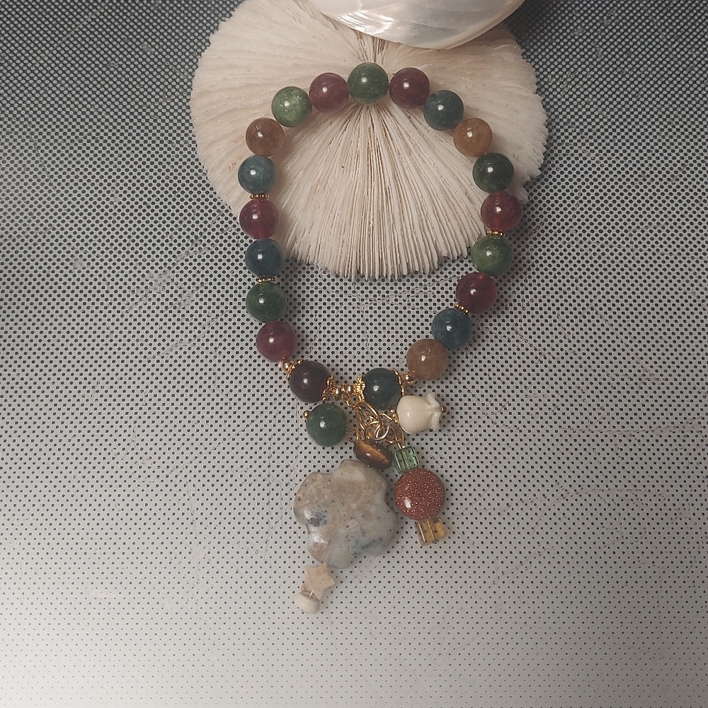Gamblers Lucky stone cross goldstone charms Multi Color jade beads bracelet
